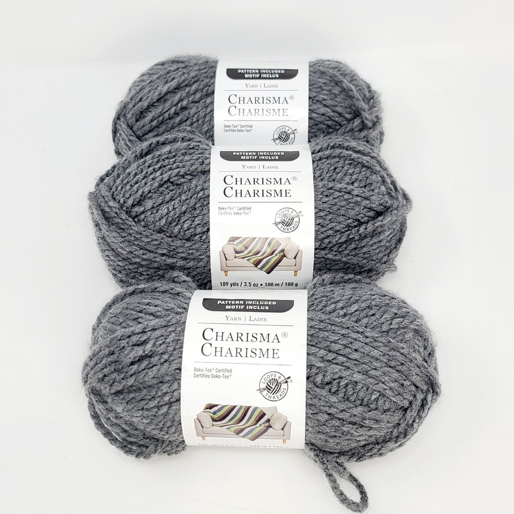 VALUE BUNDLE: 3 Skeins Loops & Threads Charisma Yarn Lot Charcoal J13 Bulky